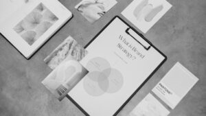 Black-and-white image of a brand strategy Venn diagram on a clipboard, surrounded by textures, color samples, and creative references.