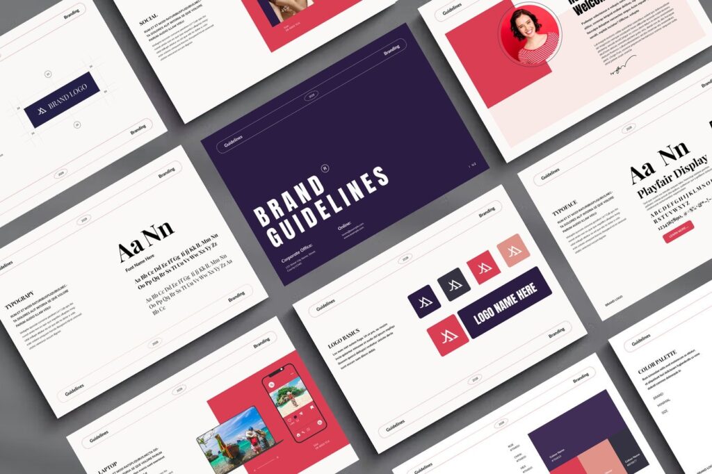 Flat lay of multiple brand guideline slides displaying logo usage, typefaces, colors, and visual brand elements.