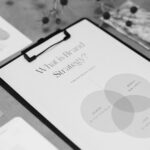Black and white image of a brand strategy Venn diagram on a clipboard with design samples around it.