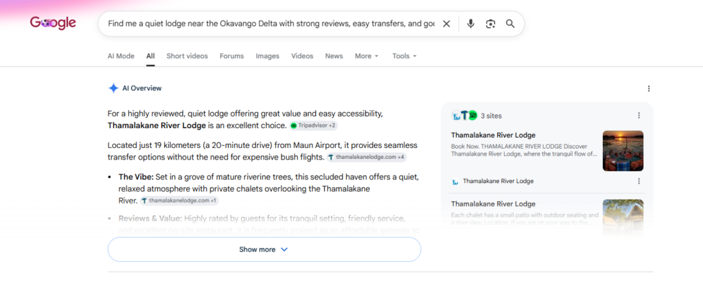 Google search results page showing AI Overview for Thamalakane River Lodge with a summary and review highlights on the left and a small card on the right.